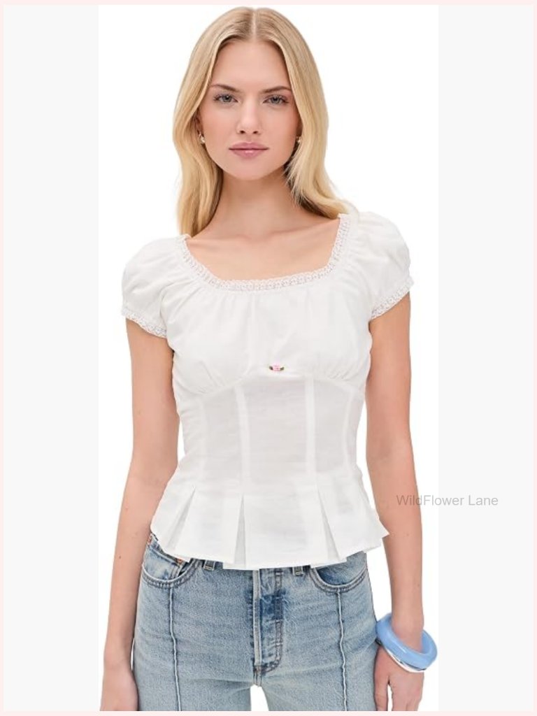 Lace Trim Linen Tank Top With Puff Sleeves Scoop Neck